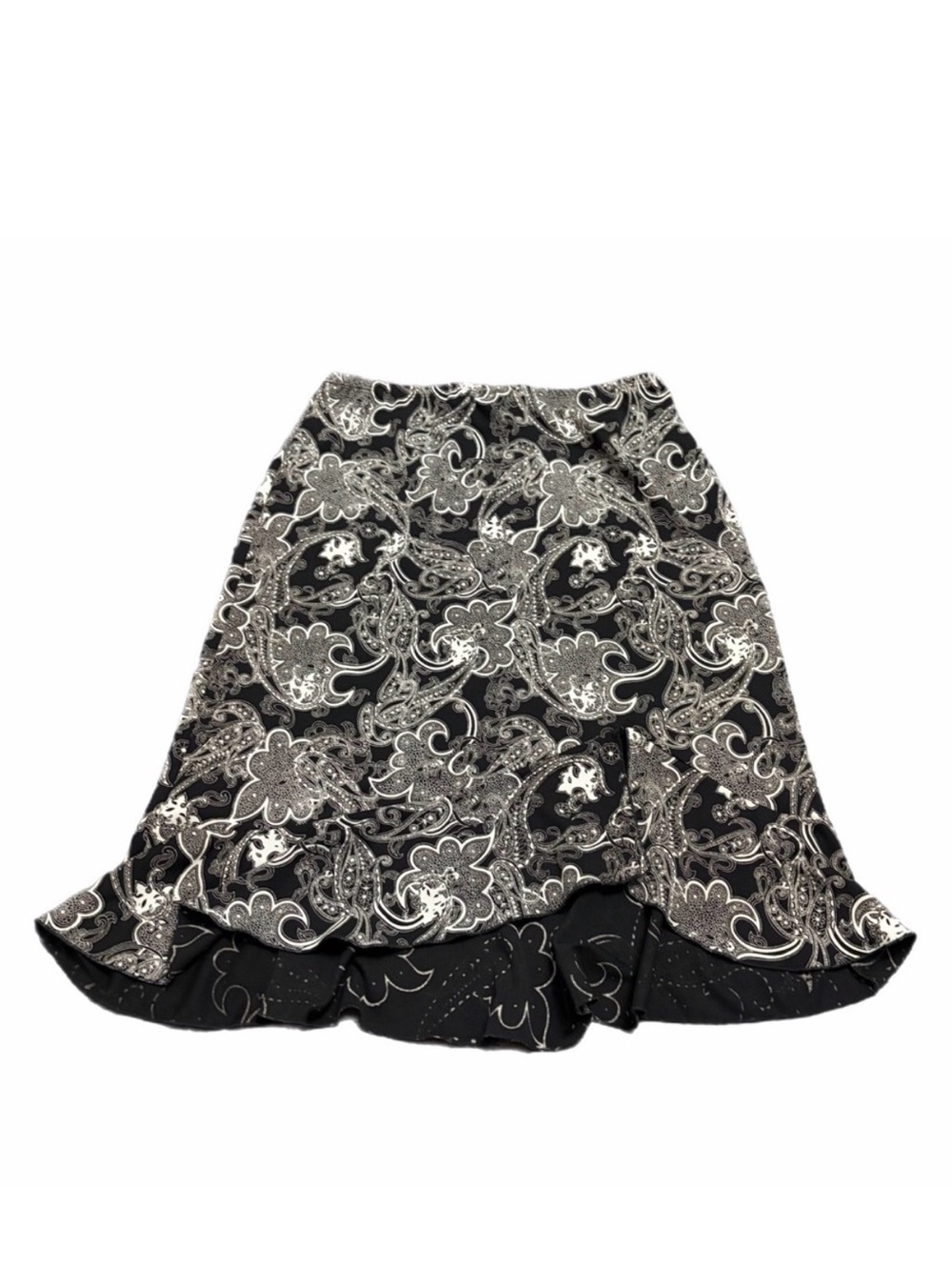 90s/Y2K Vintage BCBG Paris Paisley Ruffle Hem Midi Skirt (Black/White) Size M - Picture 2 of 7